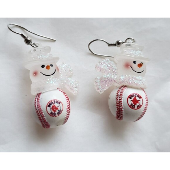 Boston Red Sox Dangle Snowman Earrings with Logos Fishhook Wires MLB - Picture 1 of 4